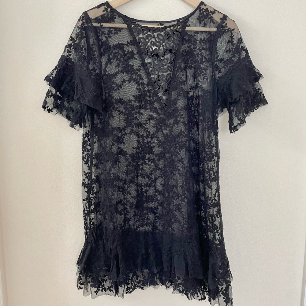 JOHNNY WAS Love Black Sheer Lace Tunic Top